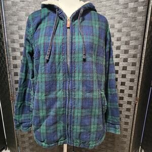 LL BEAN Jacket Flannel Womens 1X Relaxed Sherpa Lined Scotch Plaid Hooded Green